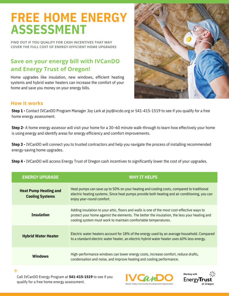 Flyer with information about free home energy assessment and cash incentives from IVCanDO